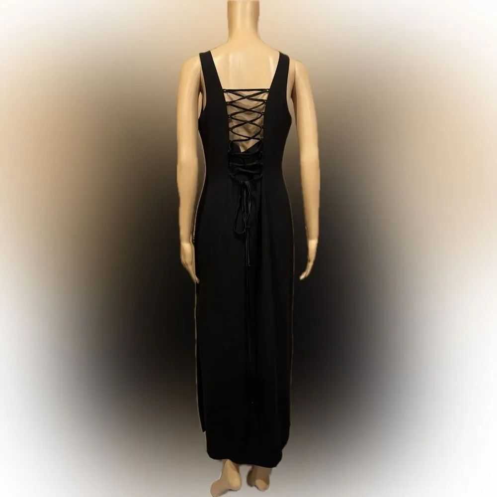 Ann Taylor Black Corset tie Back Sleeveless hi-Slit Maxi Dress Sz 10 - Picture 6 of 10